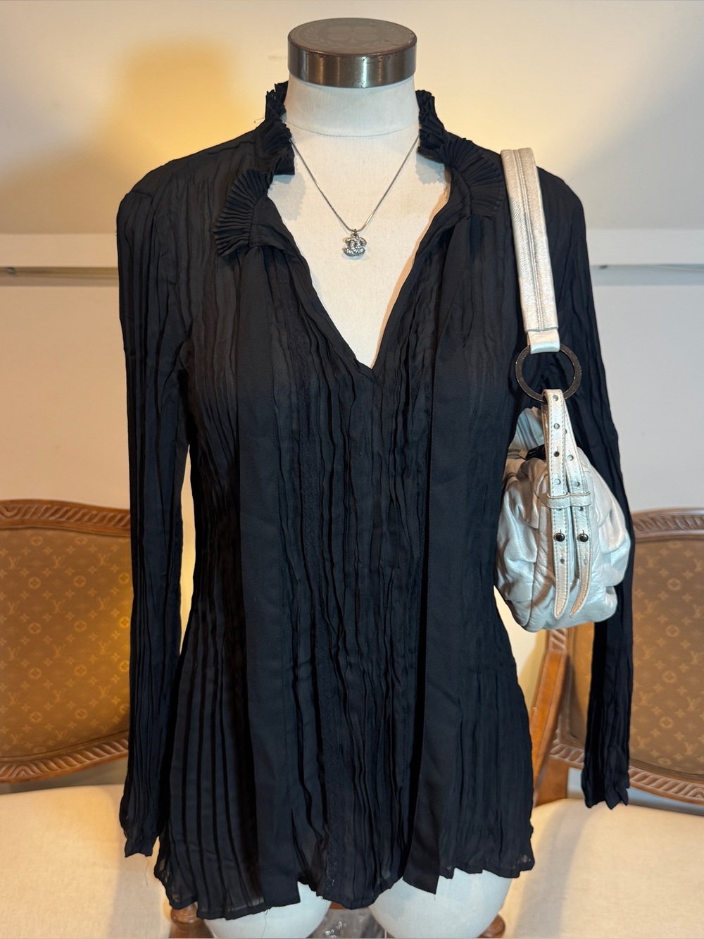 Y2K Black Pleated Sheer V-Neck Women's Top Size M